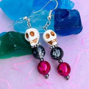 Skull Earrings with Red & Black Crackle Glass Bead
